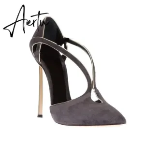 Aiertu Narrow Band Grey Metal Heel Pumps For Women Slip On Cut Out Stilettos Heels Patchwork New Sexy Wedding Shoes on Heels