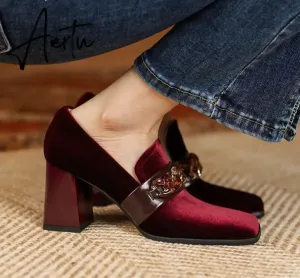 Aiertu Spring Autumn New Retro Suede High Heels Shoes for Women Square Toe Square Heel Shoes for Women 7cm High Heels Womens Shoes