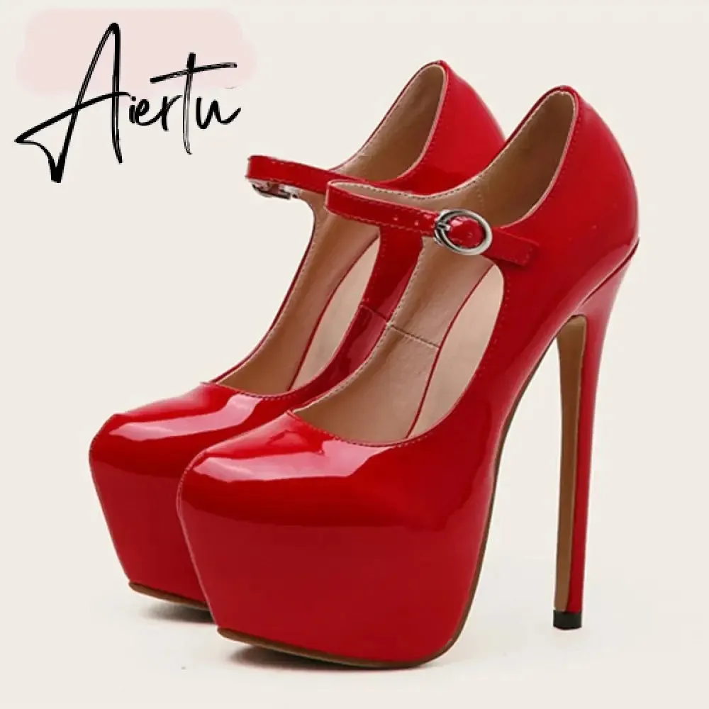 Aiertu Spring Autumn Women Platform Pumps Black Round Toe Buckle Strap 17CM Super High Heels Pole Dance Shoes Stiletto Mujer