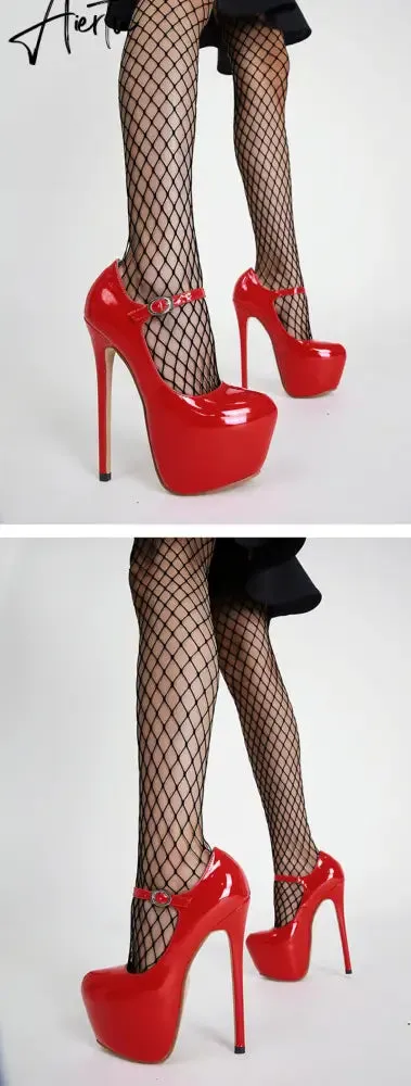 Aiertu Spring Autumn Women Platform Pumps Black Round Toe Buckle Strap 17CM Super High Heels Pole Dance Shoes Stiletto Mujer