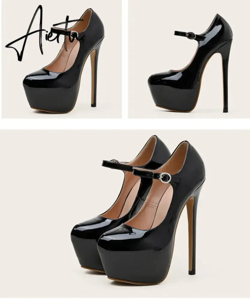 Aiertu Spring Autumn Women Platform Pumps Black Round Toe Buckle Strap 17CM Super High Heels Pole Dance Shoes Stiletto Mujer