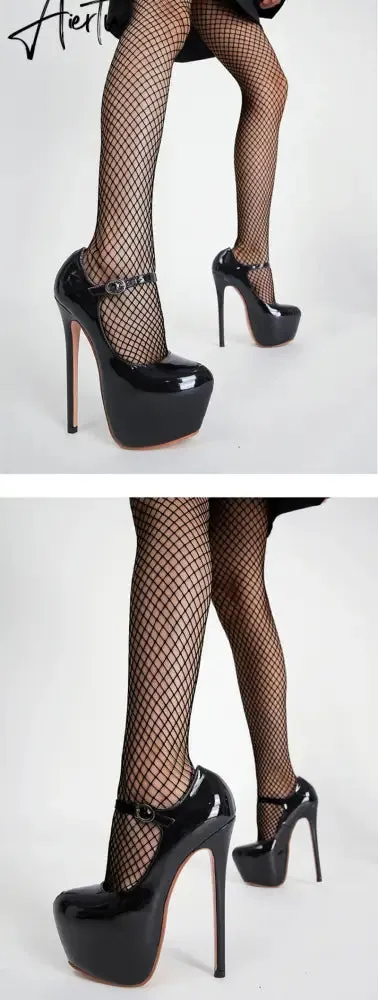 Aiertu Spring Autumn Women Platform Pumps Black Round Toe Buckle Strap 17CM Super High Heels Pole Dance Shoes Stiletto Mujer