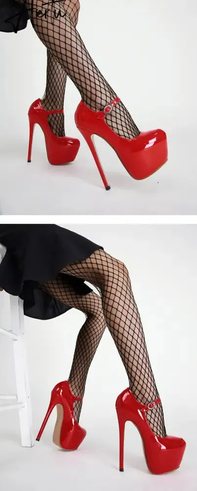 Aiertu Spring Autumn Women Platform Pumps Black Round Toe Buckle Strap 17CM Super High Heels Pole Dance Shoes Stiletto Mujer