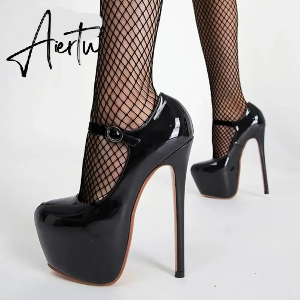 Aiertu Spring Autumn Women Platform Pumps Black Round Toe Buckle Strap 17CM Super High Heels Pole Dance Shoes Stiletto Mujer