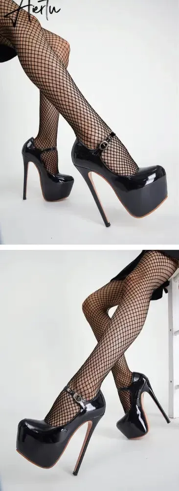 Aiertu Spring Autumn Women Platform Pumps Black Round Toe Buckle Strap 17CM Super High Heels Pole Dance Shoes Stiletto Mujer
