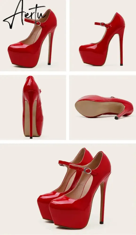 Aiertu Spring Autumn Women Platform Pumps Black Round Toe Buckle Strap 17CM Super High Heels Pole Dance Shoes Stiletto Mujer