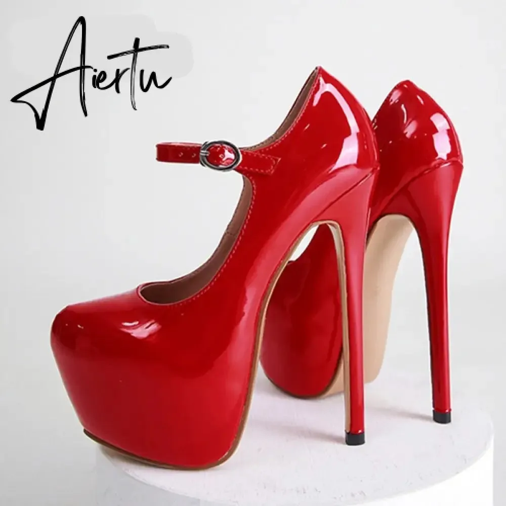 Aiertu Spring Autumn Women Platform Pumps Black Round Toe Buckle Strap 17CM Super High Heels Pole Dance Shoes Stiletto Mujer