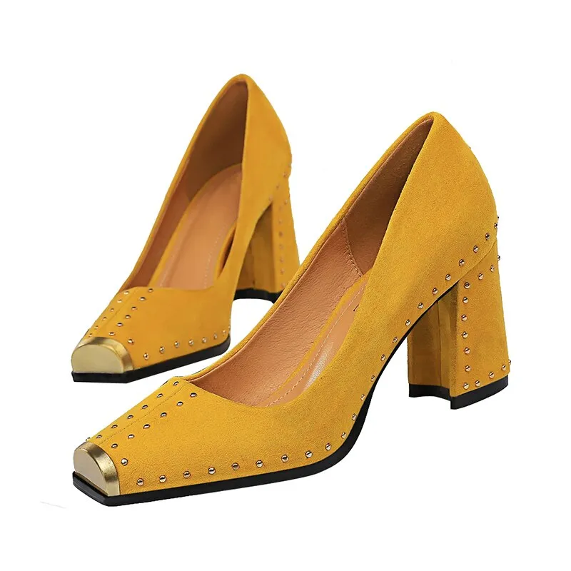 Amozae-Women Studded 7.5cm High Heels Lady Scarpins Flock Chunky Rivets Block Low Heels   Square Toe Office Blue Yellow Shoes