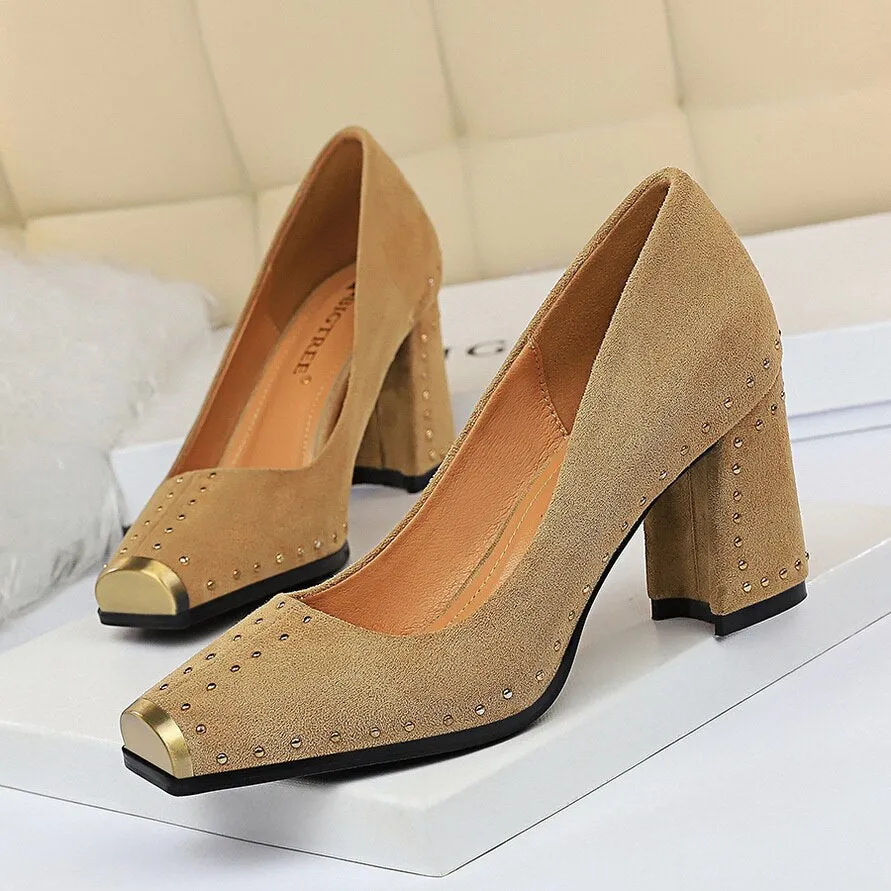 Amozae-Women Studded 7.5cm High Heels Lady Scarpins Flock Chunky Rivets Block Low Heels   Square Toe Office Blue Yellow Shoes