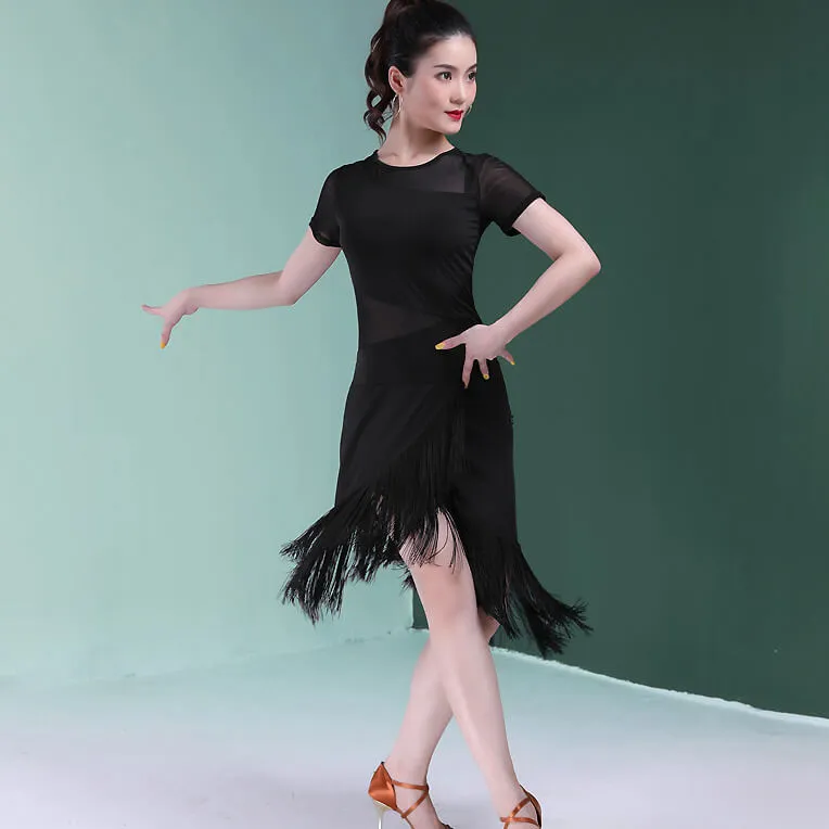 Asymmetric Patchwork Mesh Latin Dress