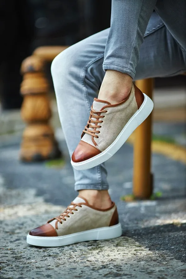 Beige Mid Top Cap Toe Sneakers for Men | GentWith