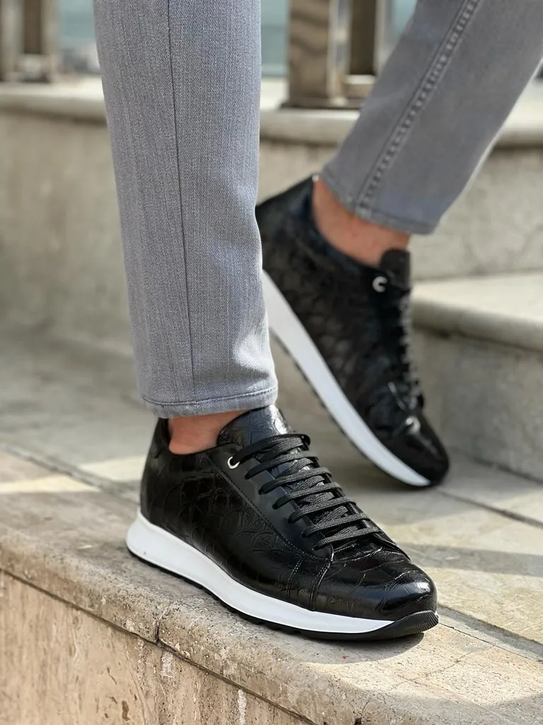 Black Crocodile Pattern Mid-Top Sneakers for Men | GentWith.com