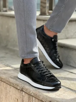 Black Crocodile Pattern Mid-Top Sneakers for Men | GentWith.com