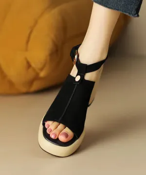 Black Peep Toe Buckle Strap Splicing Suede Chunky High Heels LY8272