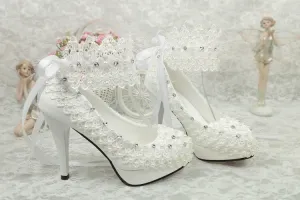 Bling Bridal ankle strap lace crystal and pearl wedding shoes