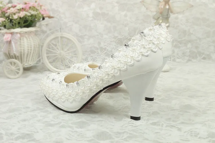Bling Bridal ankle strap lace crystal and pearl wedding shoes