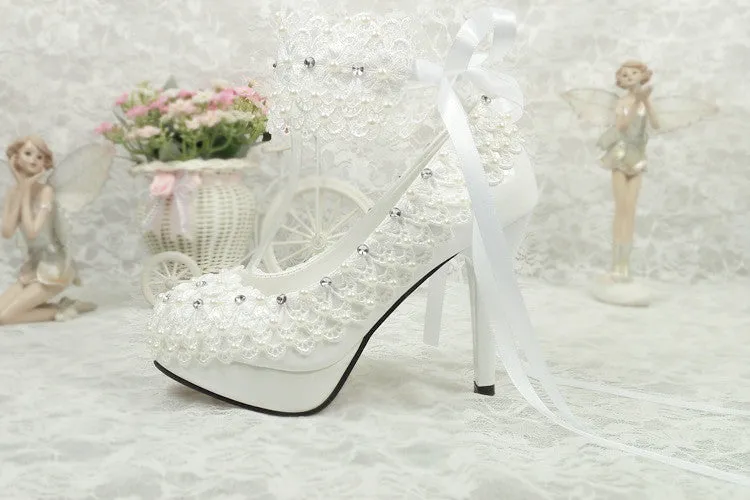Bling Bridal ankle strap lace crystal and pearl wedding shoes