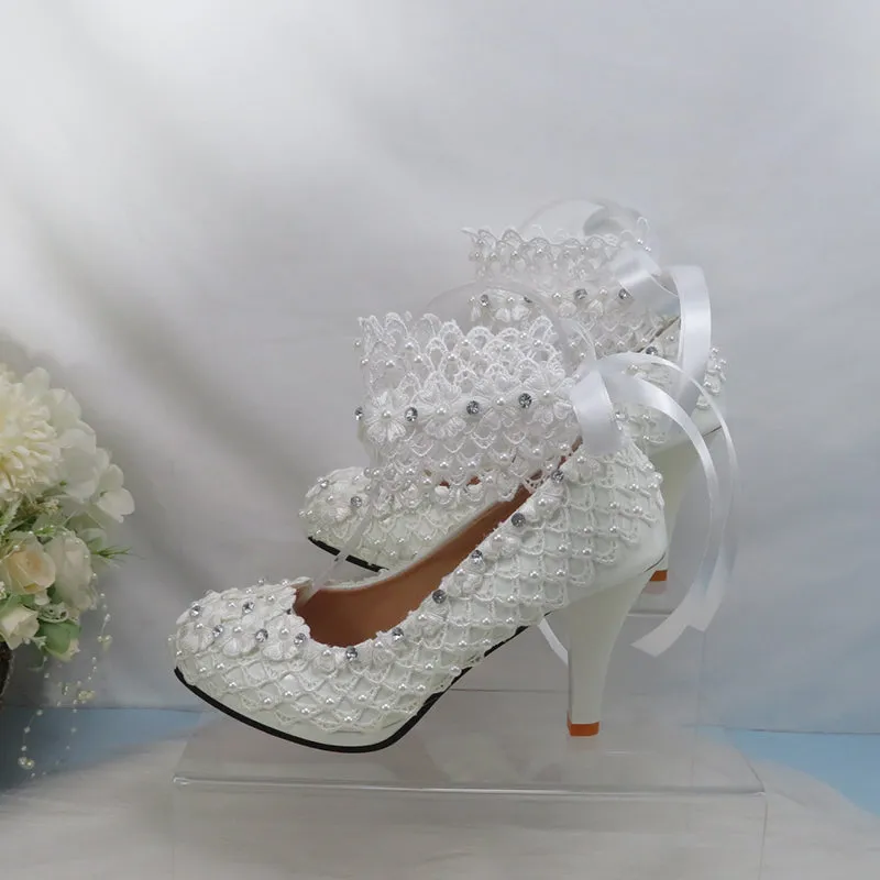 Bling Bridal lace crystal and pearl wedding shoes with ankle strap