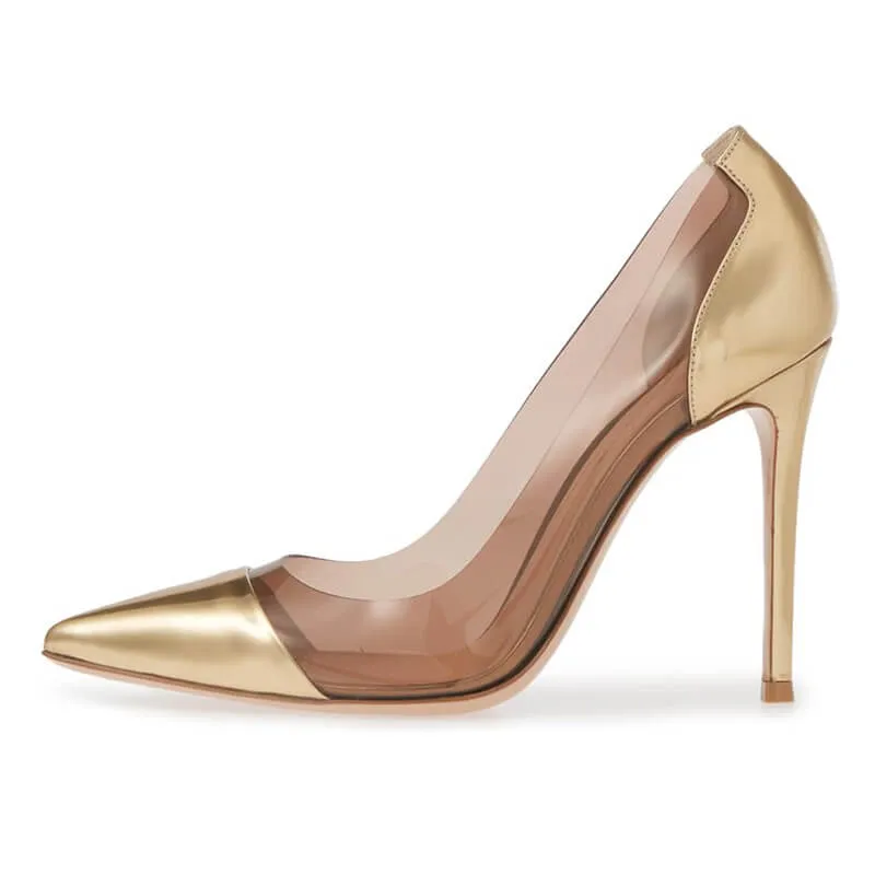 Brown PVC PU Patchwork Point Toe Slip-On Pumps