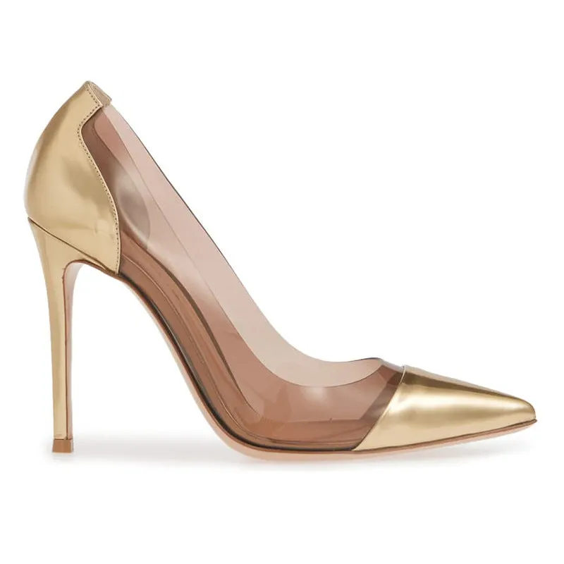 Brown PVC PU Patchwork Point Toe Slip-On Pumps