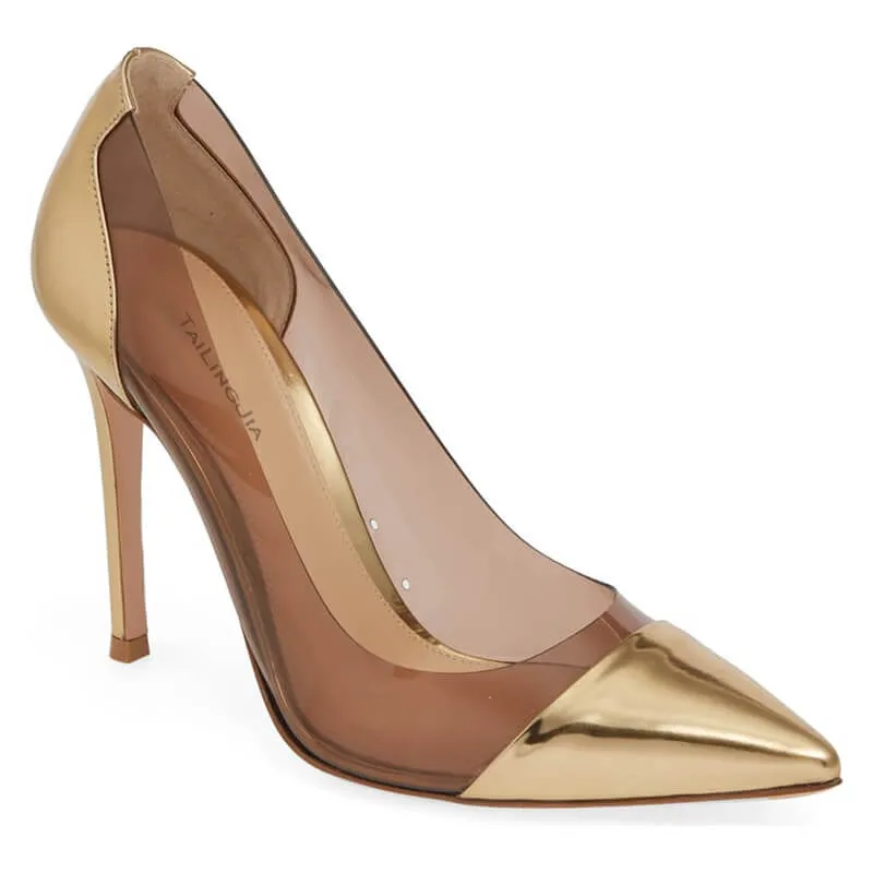 Brown PVC PU Patchwork Point Toe Slip-On Pumps