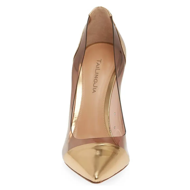 Brown PVC PU Patchwork Point Toe Slip-On Pumps