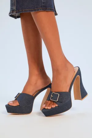 Buckle Denim Flare Heels