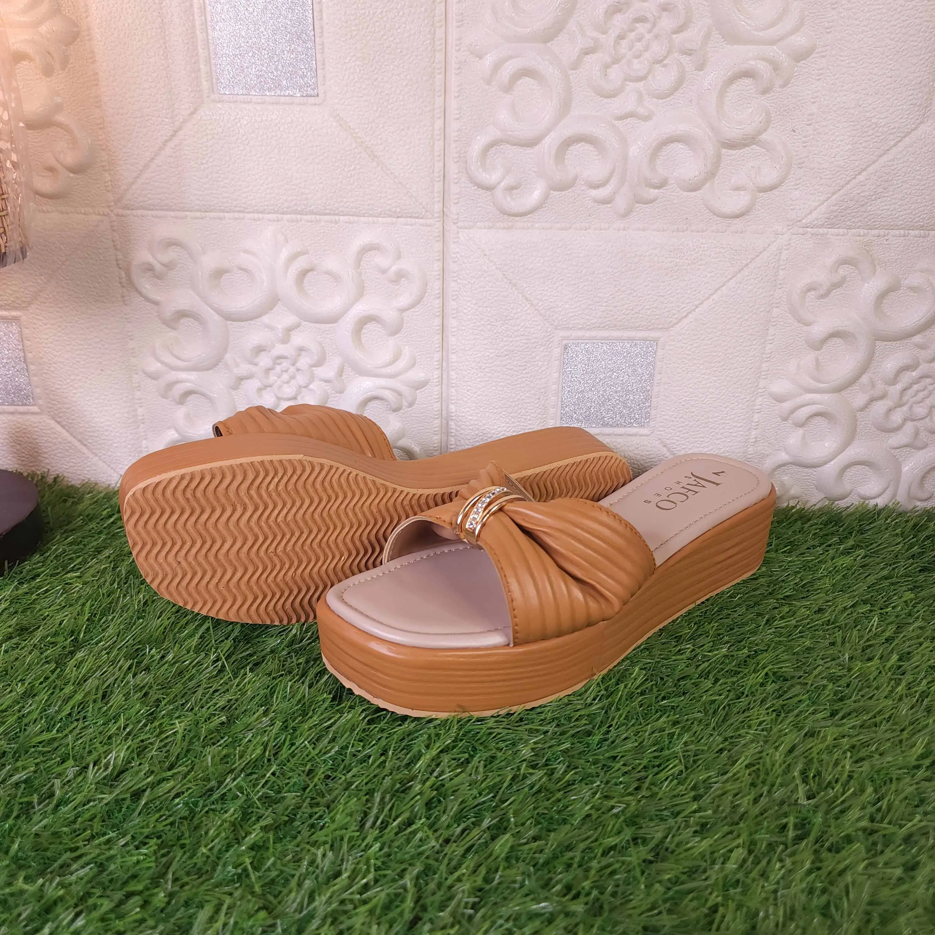 Camel Buckle Platform Wedge Slippers