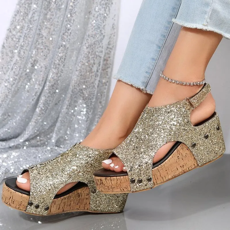 Casual Hollowed Out Sequins Patchwork Fish Mouth Out Door Wedges Shoes(3 Colors)