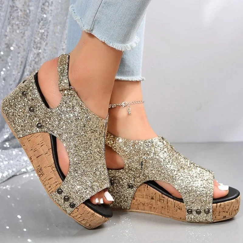 Casual Hollowed Out Sequins Patchwork Fish Mouth Out Door Wedges Shoes(3 Colors)