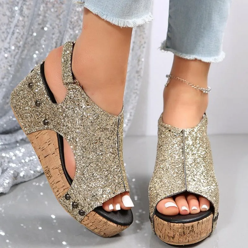 Casual Hollowed Out Sequins Patchwork Fish Mouth Out Door Wedges Shoes(3 Colors)