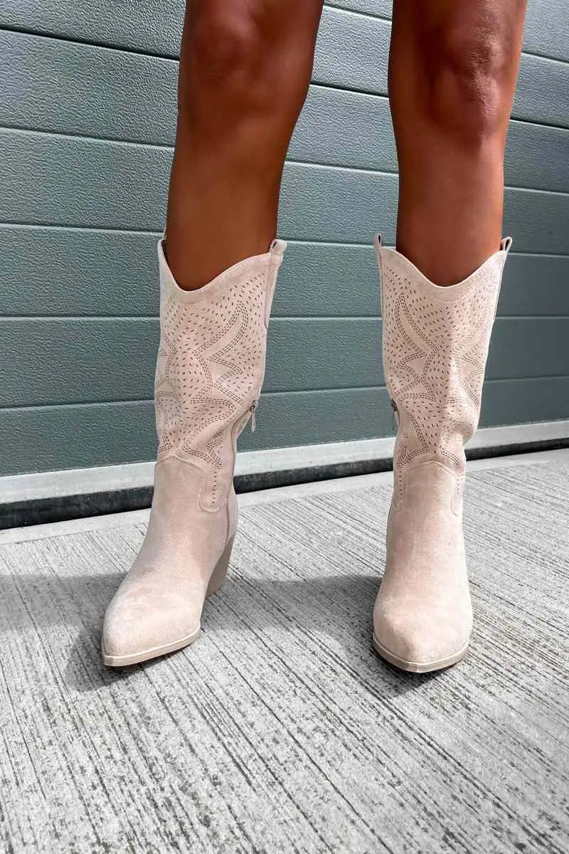 DALLAS Mid Calf Cowboy Western Boots - Beige