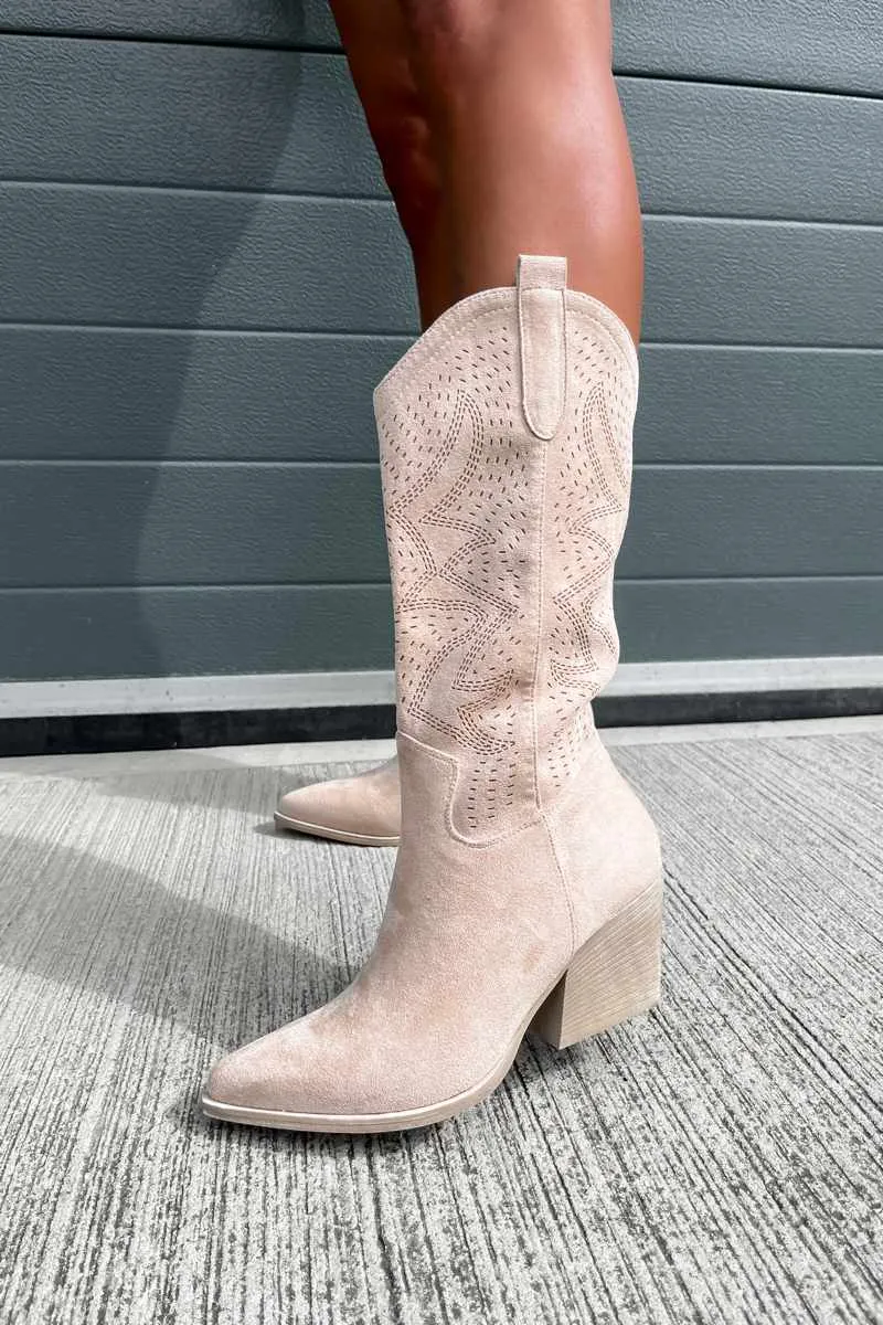 DALLAS Mid Calf Cowboy Western Boots - Beige