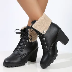 elveswallet Retro suede round toe lace-up chunky heel short boots