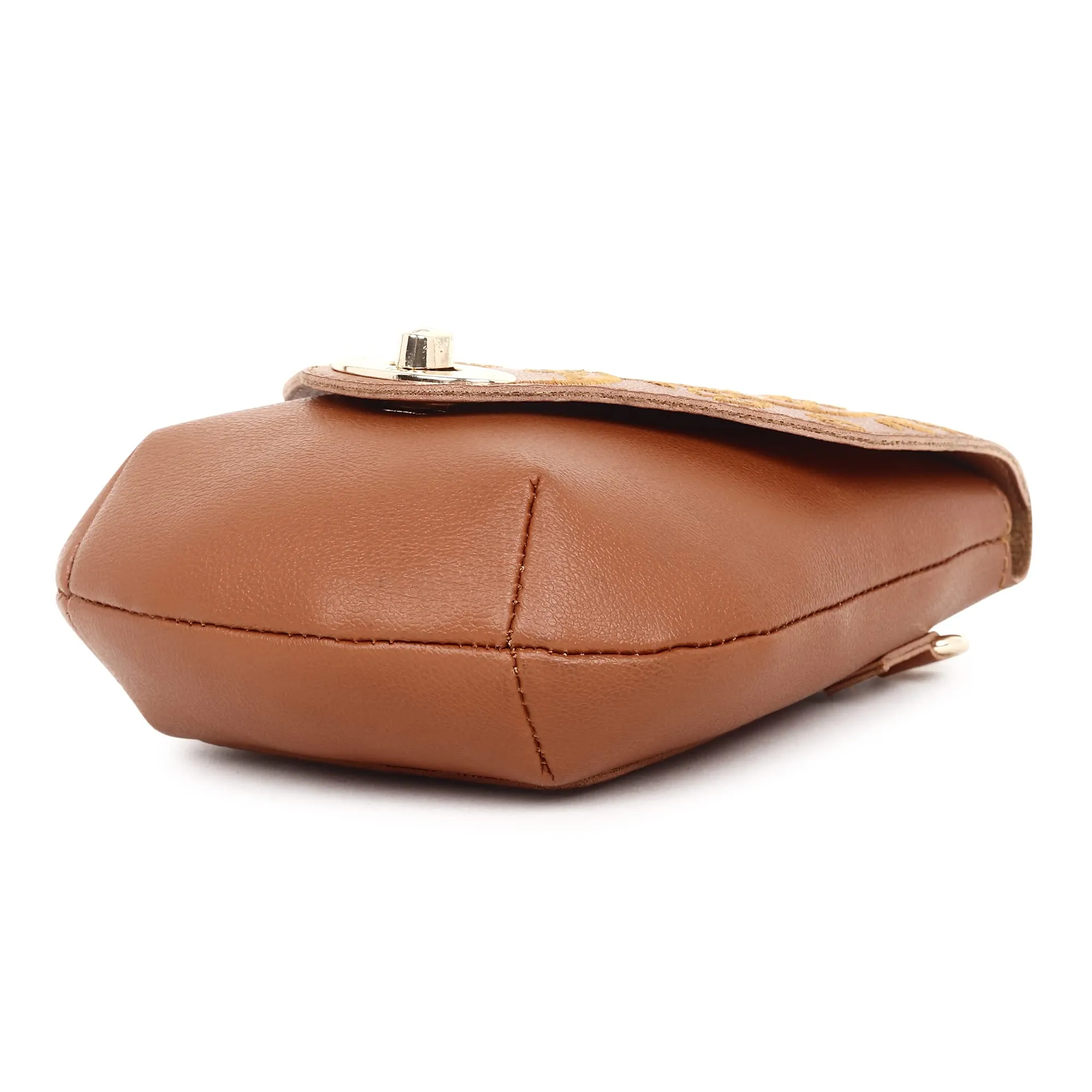 Embroidered Floral Solid Tan Sling Small Mobile Bag Cell Phone Holder Pouch Mini Cross Body For Ladies Girls Women