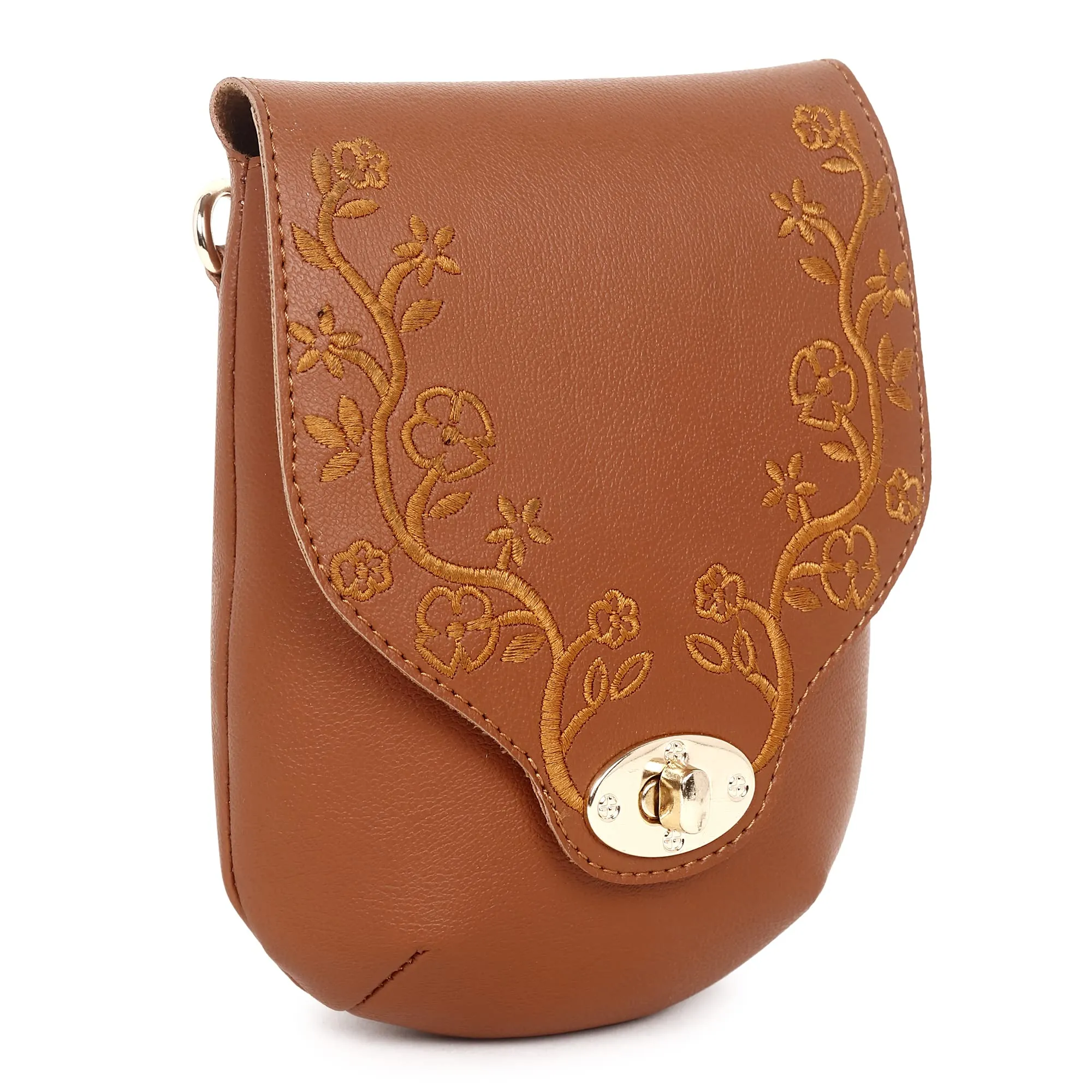 Embroidered Floral Solid Tan Sling Small Mobile Bag Cell Phone Holder Pouch Mini Cross Body For Ladies Girls Women