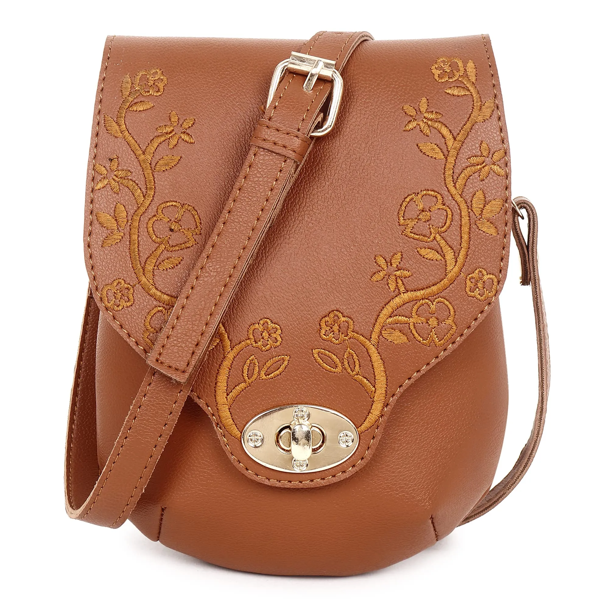 Embroidered Floral Solid Tan Sling Small Mobile Bag Cell Phone Holder Pouch Mini Cross Body For Ladies Girls Women