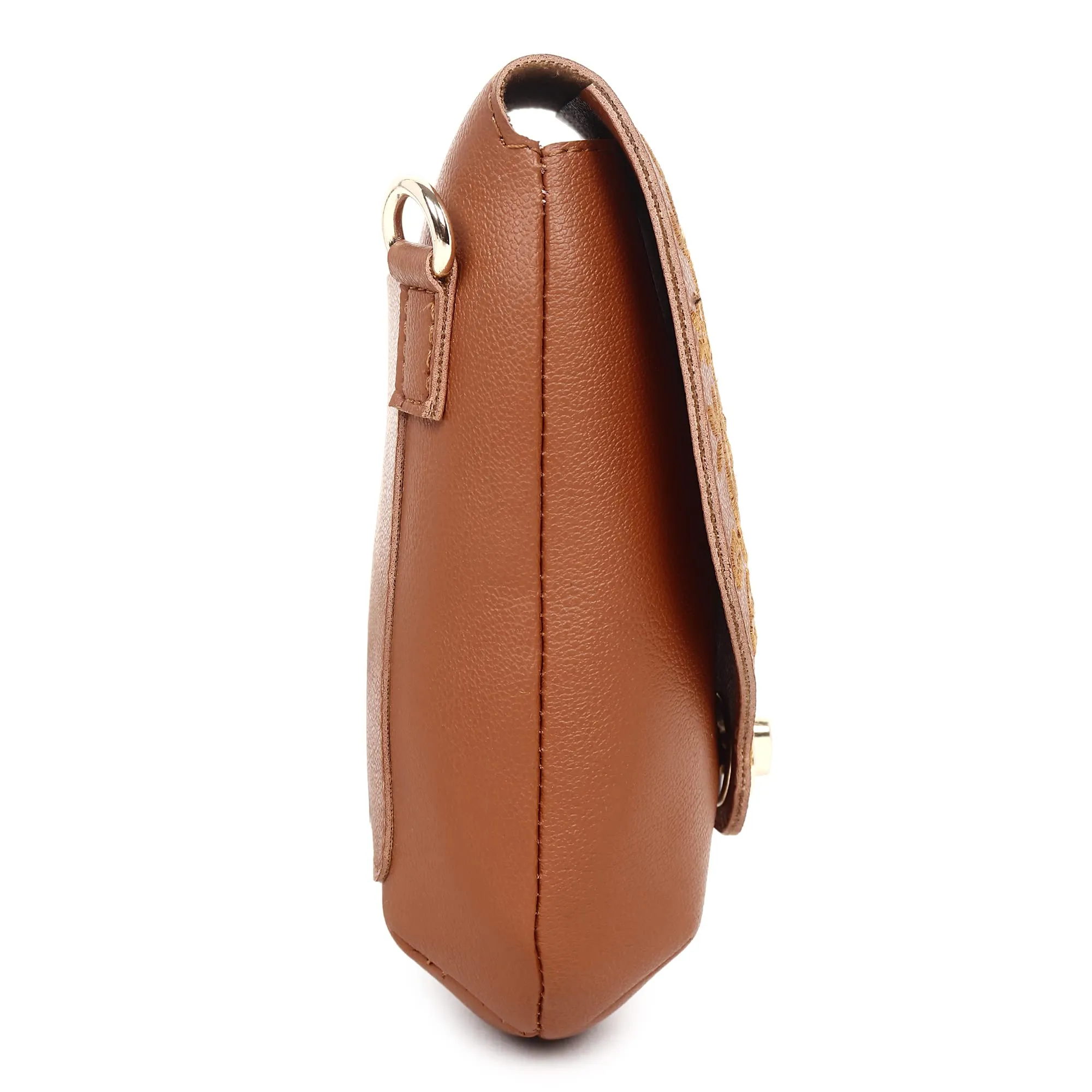 Embroidered Floral Solid Tan Sling Small Mobile Bag Cell Phone Holder Pouch Mini Cross Body For Ladies Girls Women