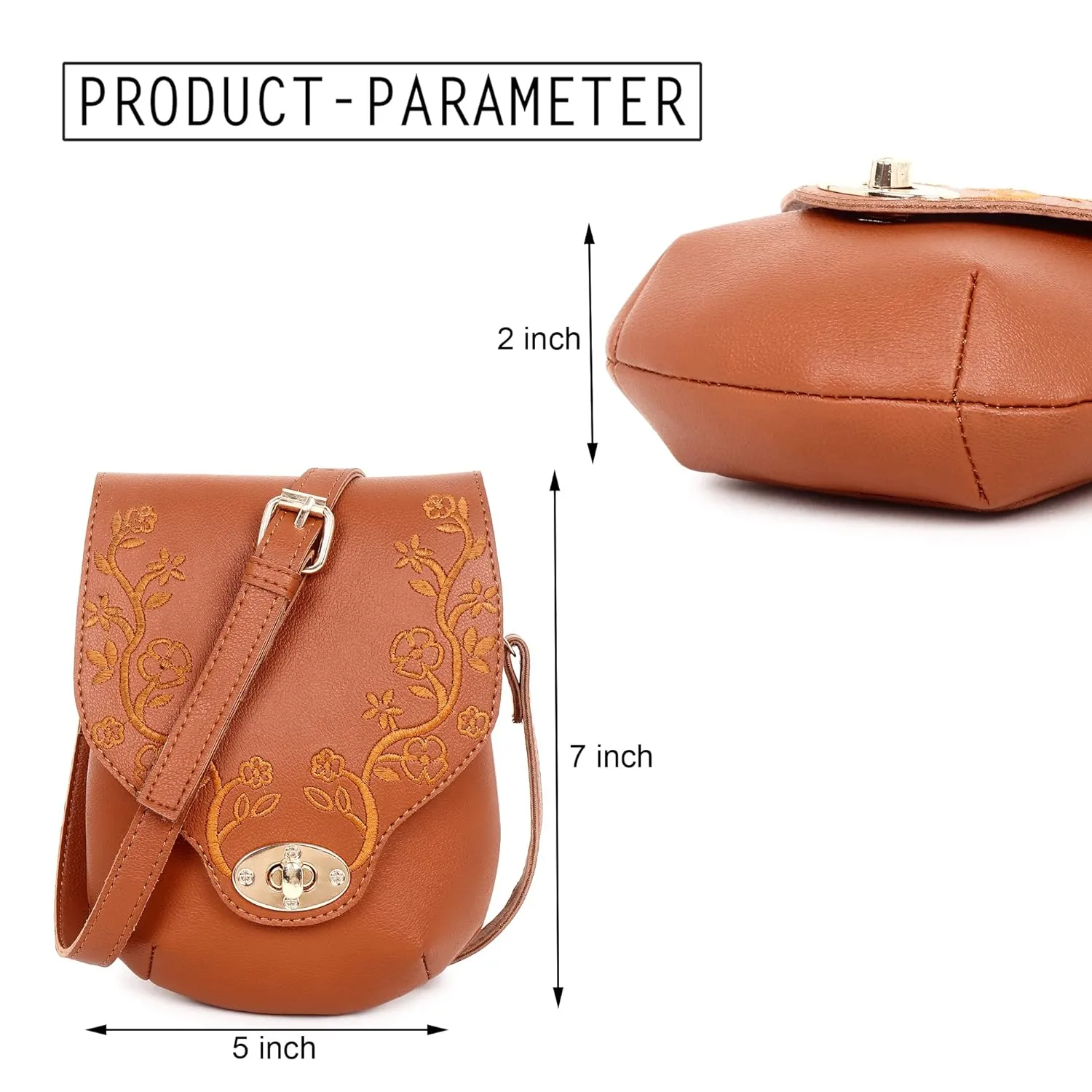 Embroidered Floral Solid Tan Sling Small Mobile Bag Cell Phone Holder Pouch Mini Cross Body For Ladies Girls Women