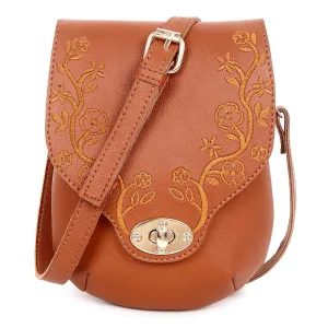 Embroidered Floral Solid Tan Sling Small Mobile Bag Cell Phone Holder Pouch Mini Cross Body For Ladies Girls Women
