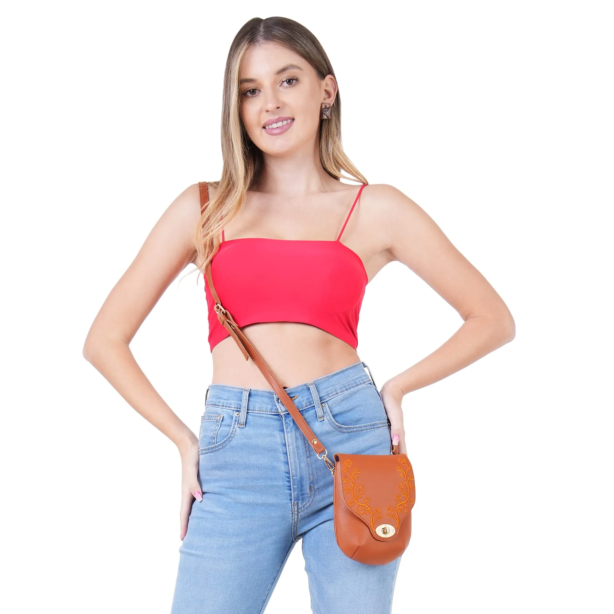 Embroidered Floral Solid Tan Sling Small Mobile Bag Cell Phone Holder Pouch Mini Cross Body For Ladies Girls Women