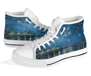 ES High Top Sneakers - Vintage Art | Vincent van Gogh: Starry Night Over the Rhone | Custom Shoes, Custom Sneakers, Customized Sneakers
