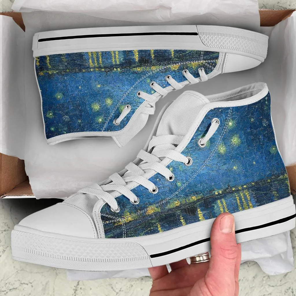 ES High Top Sneakers - Vintage Art | Vincent van Gogh: Starry Night Over the Rhone | Custom Shoes, Custom Sneakers, Customized Sneakers
