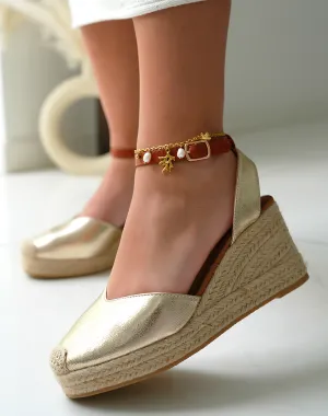 Espadrilles compensées femme dorées avec lanière ajustable camel