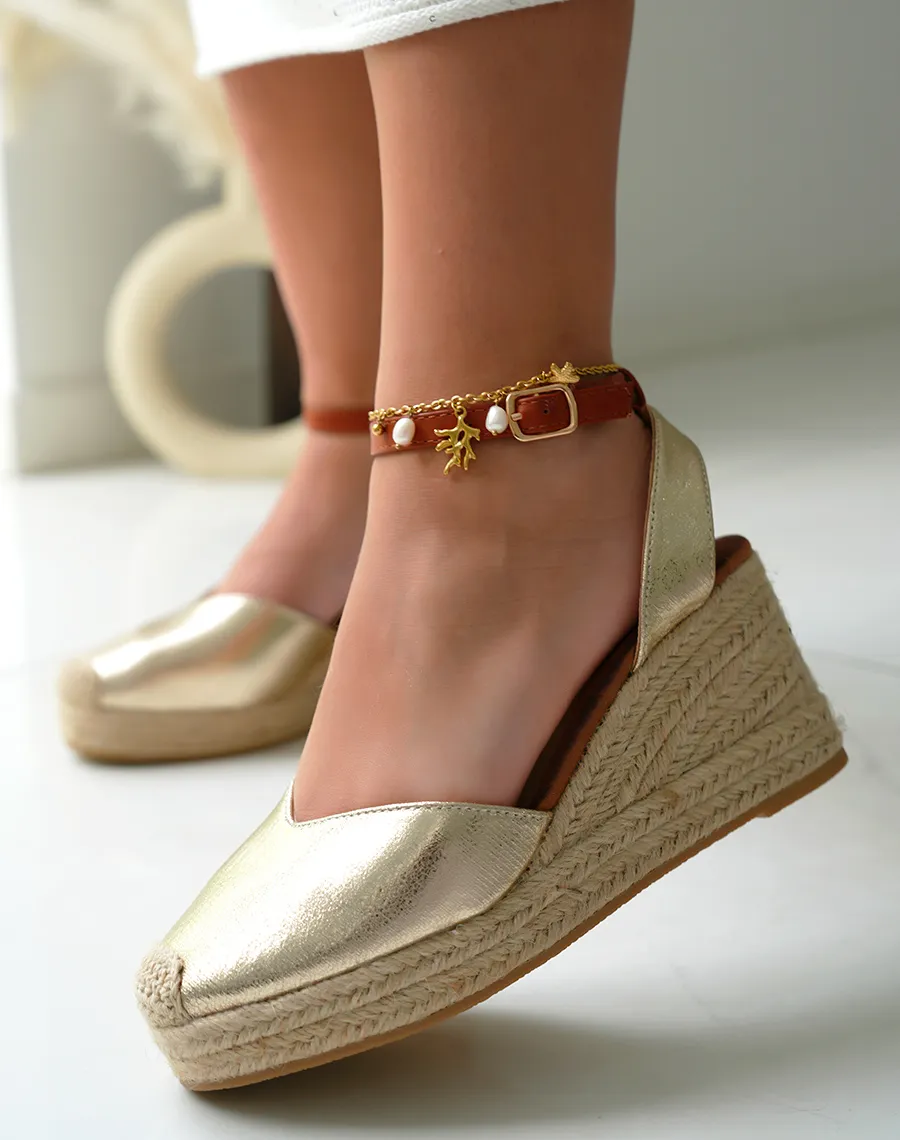 Espadrilles compensées femme dorées avec lanière ajustable camel