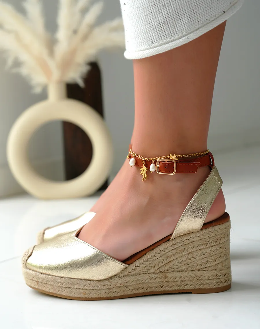 Espadrilles compensées femme dorées avec lanière ajustable camel