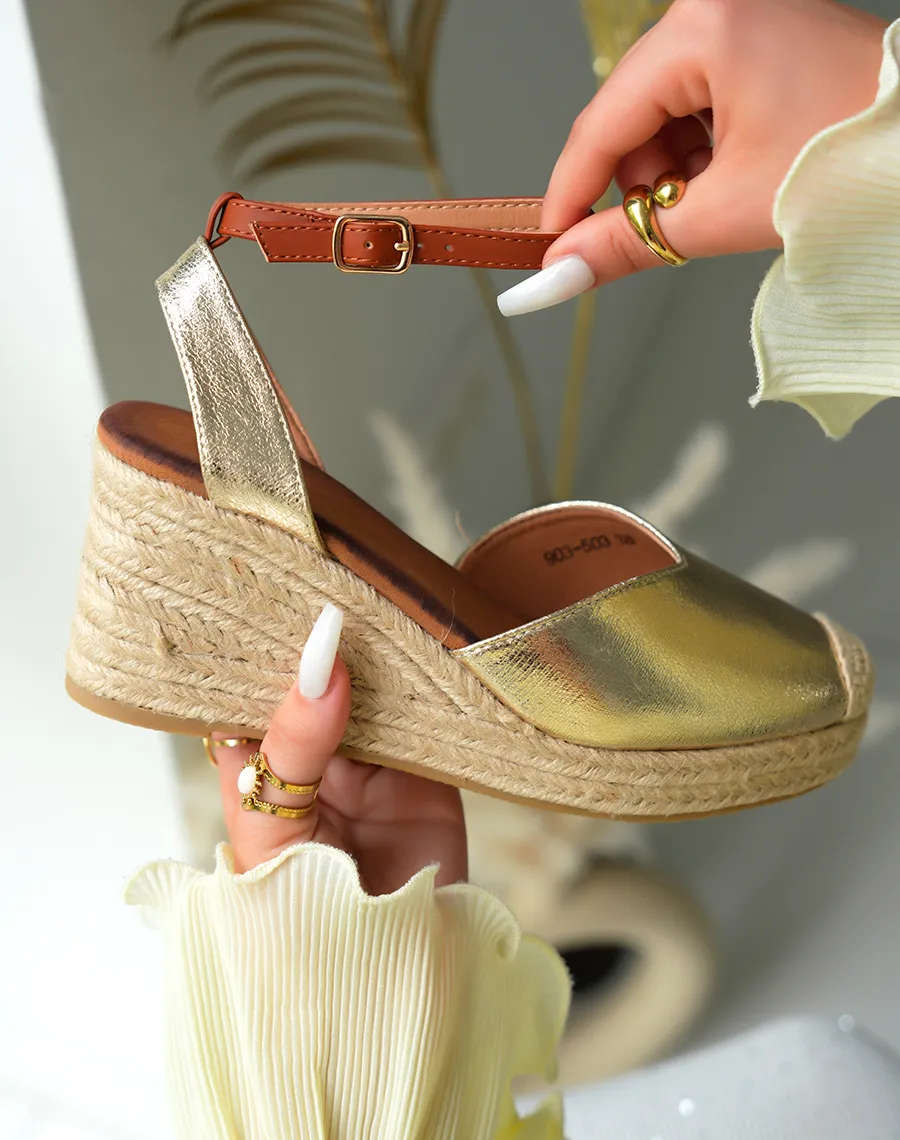 Espadrilles compensées femme dorées avec lanière ajustable camel