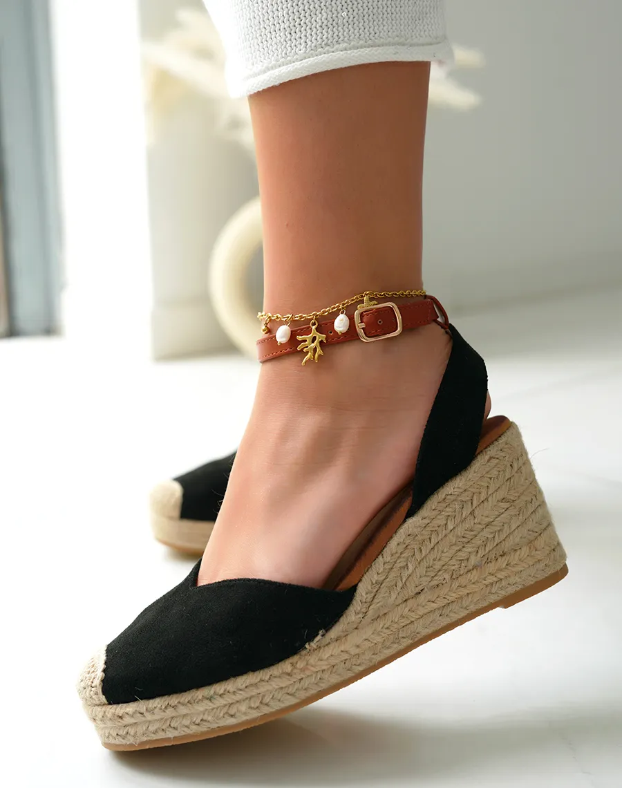 Espadrilles compensées femme en suédine noire avec lanière ajustable camel