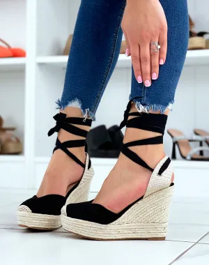 Espadrilles compensées noire en coupe florale