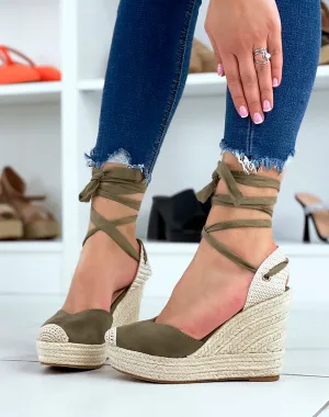 Espadrilles compensées vert kaki en coupe florale